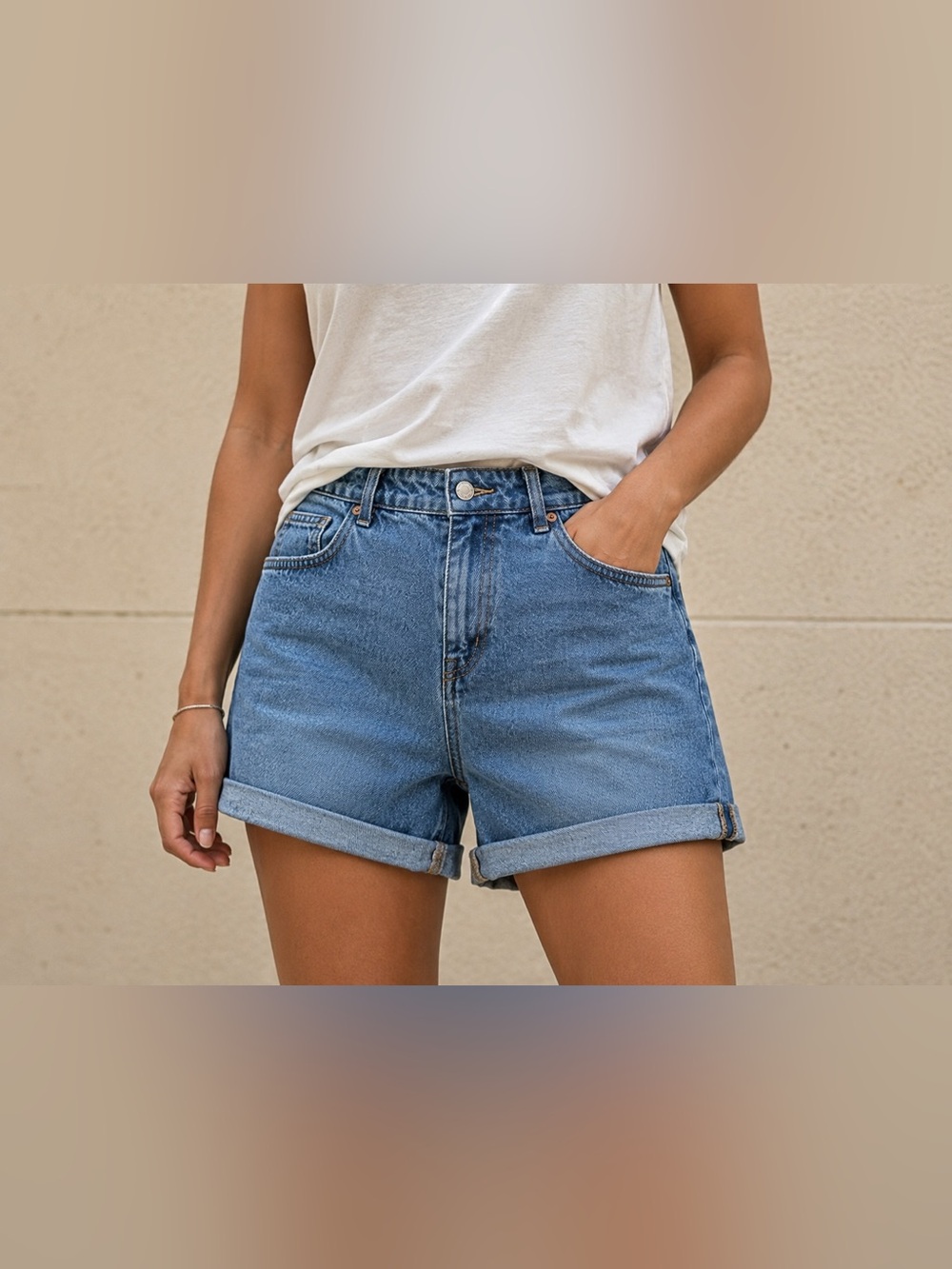 H&M Mid-Rise Rolled Hem Blue Denim Shorts